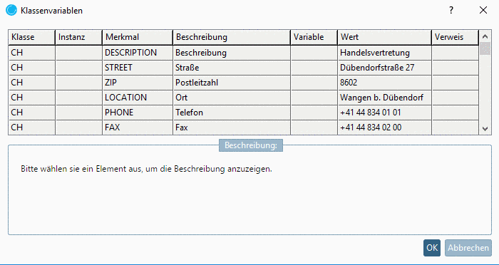 Dialogfenster "Klassenvariablen"