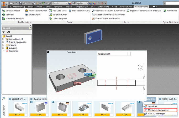 Beispiel: LIVEsearch in Inventor