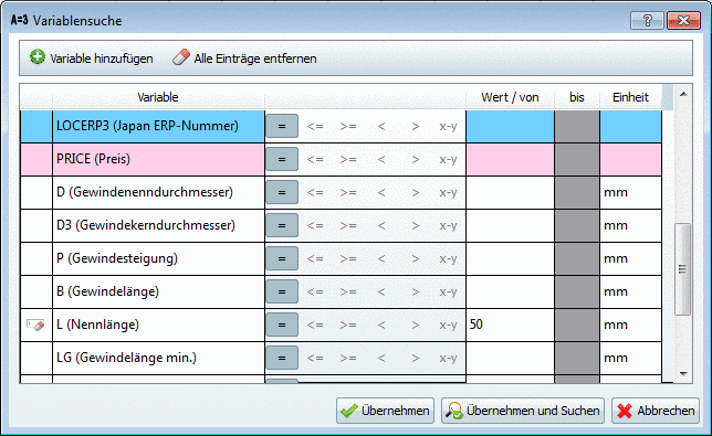 In diesem Beispiel wurde auf "L (Nennlänge)" geklickt.