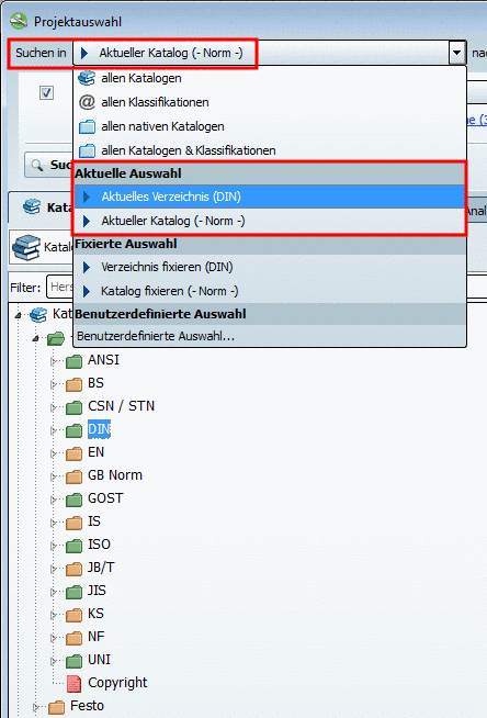 In dieser beispielhaften Abbildung würde bei einem Wechsel von DIN zu ISO im Indexbaum der Wert unter "Suchen in" unverändert auf "Norm" bleiben.