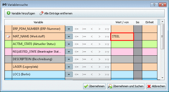 Beispiel Variablensuche: Das Material muss "STEEL" (Stahl) sein.
