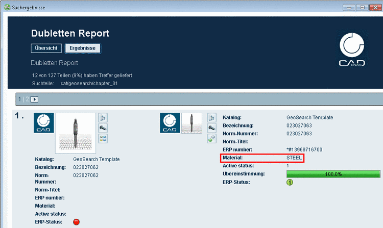Ergebnis im Beispiel Variablensuche: Im Report werden nur Ergebnisteile (rechte Seite) aus Stahl (STEEL) angezeigt.