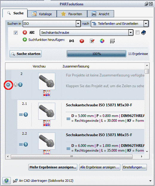 Wenn Sie auf das Plus-Zeichen klicken, öffnet sich die Teilefamilie und Sie sehen die Einzelteile.
