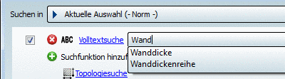 Aktuelle Auswahl (-Norm-) - Bei der Eingabe von "Wand" erscheinen Vorschläge.