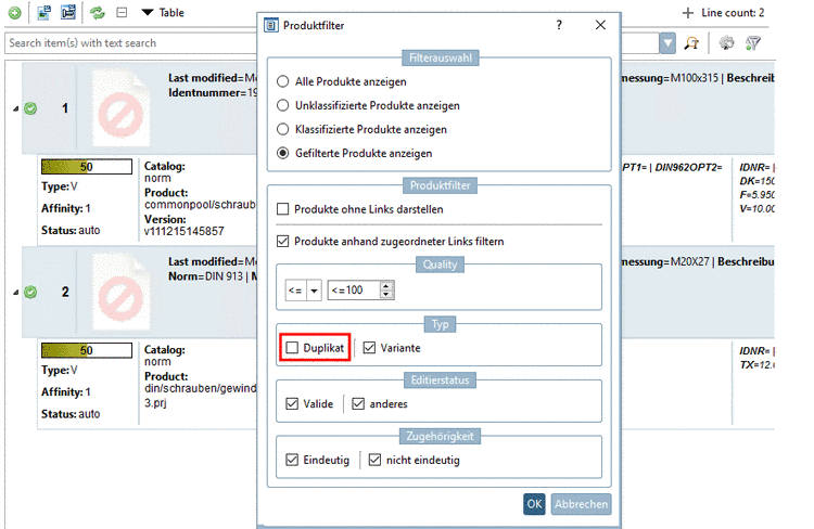 "Duplikat" deaktiviert -> Eindeutige Zuweisungen werden ausgeblendet
