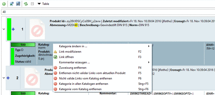 Kontextmenübefehle auf verknüpfter Projektzeile