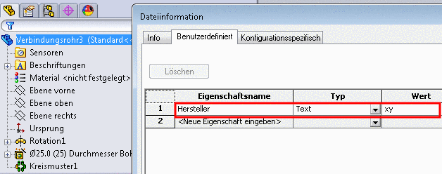 Teileeigenschaft beispielhaft für SolidWorks