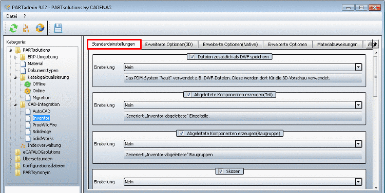 Die Abbildung zeigt die Kategorie "CAD-Integration" beispielhaft anhand der Auswahl "SolidWorks"