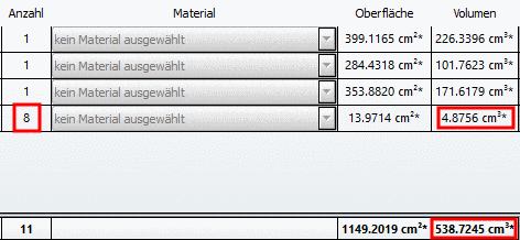 Beispiel: Der angezeigte Wert von 4.8756 bezieht sich auf EINE Kugel und nicht auf 8 Kugeln. Im Endergebnis geht dieser Wert mit 8 multipliziert ein.