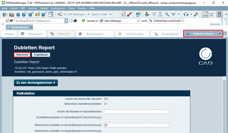 Beispiel: ganzes Projekt geändert mittels "Zielprojekt ändern"