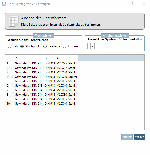 Spaltentrennzeichen bestimmen