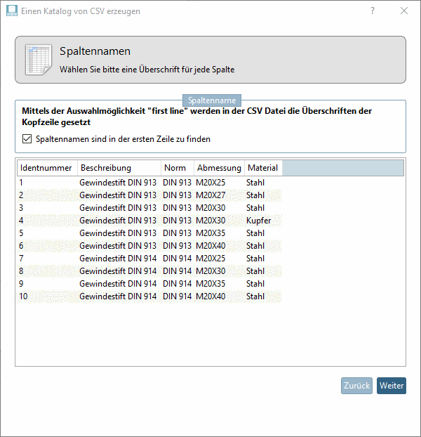 Spaltennamen in der ersten Zeile: Ja/Nein