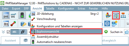 Explosionsansicht in "Ansicht"-Menü und "Assembly"-Toolbar