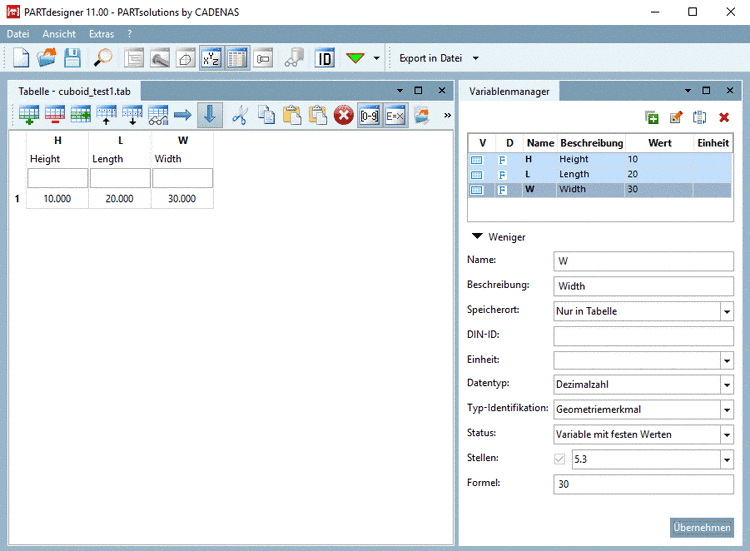 Variablen H, L und W angelegt