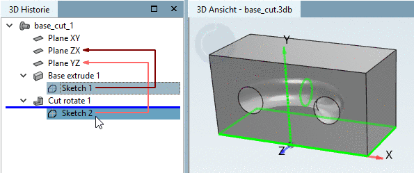 Beispiel mit extrudierter Rechtecksfläche (Base) und rotiertem ausschneidendem Kreis (Cut)