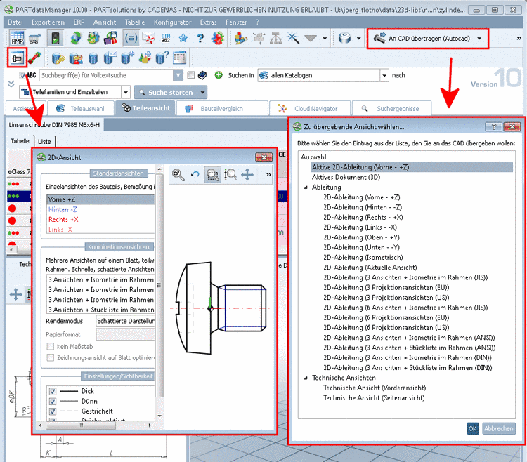 Dialogfenster "2D-Ansicht" und "Zu übergebende Ansicht wählen..."