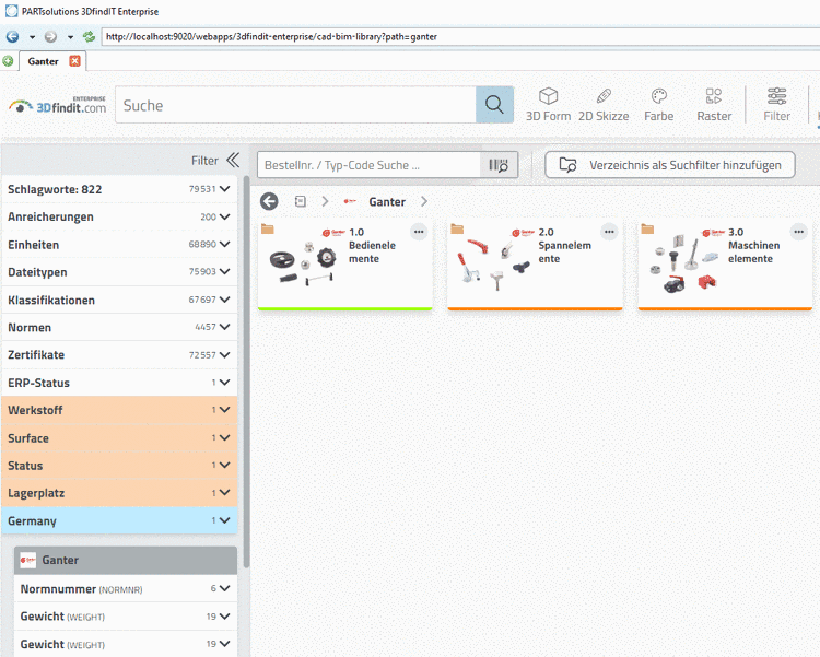 1. Verzeichnisebene nach Auswahl des "Ganter" Katalogs