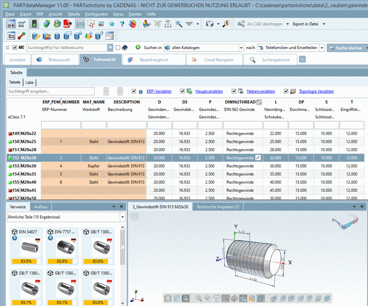 PARTdataManager. Die Spalten ERP-Nummer, Beschreibung und Werkstoff (in der Abb.) stehen stellvertretend und beispielhaft für beliebige Informationen aus Drittsystemen.