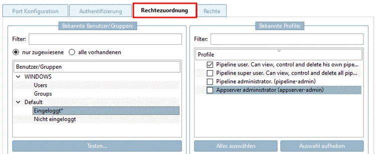 "Rechtezuordnung" Registerseite (nur zugewiesene)