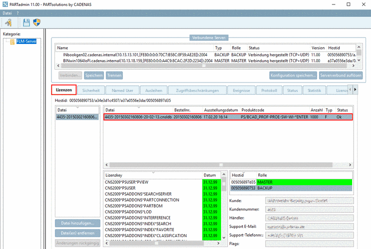 Registerseite "Lizenzen"