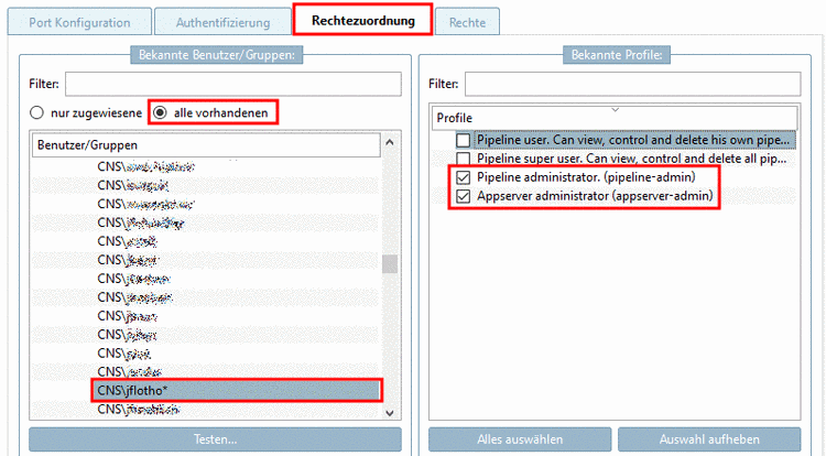 "Rechtezuordnung" Registerseite (alle vorhandenen)