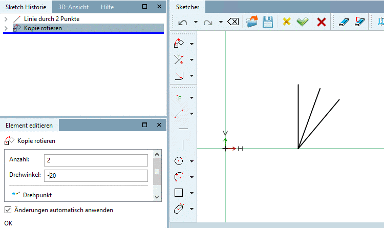 Der Drehwinkel wurde hier auf "-20" angepasst und die Anzahl der Kopien auf 2 (Standard ist 1).