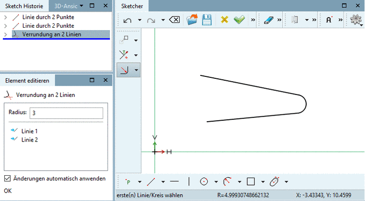 Verrundung an 2 Elemente - Radius: 3