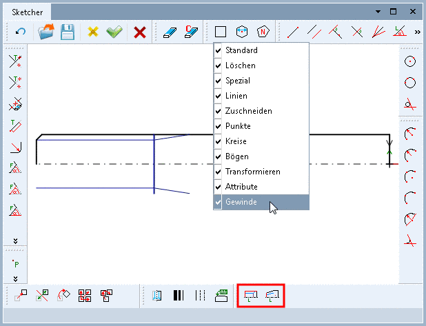 Toolbar für Gewinde sichtbar stellen
