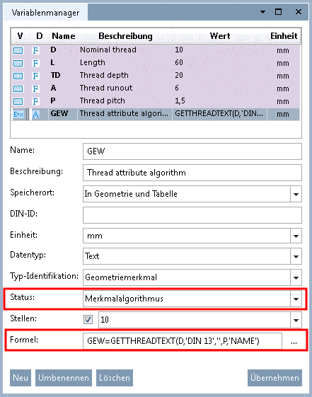 Gewinde - Merkmalalgorithmus
