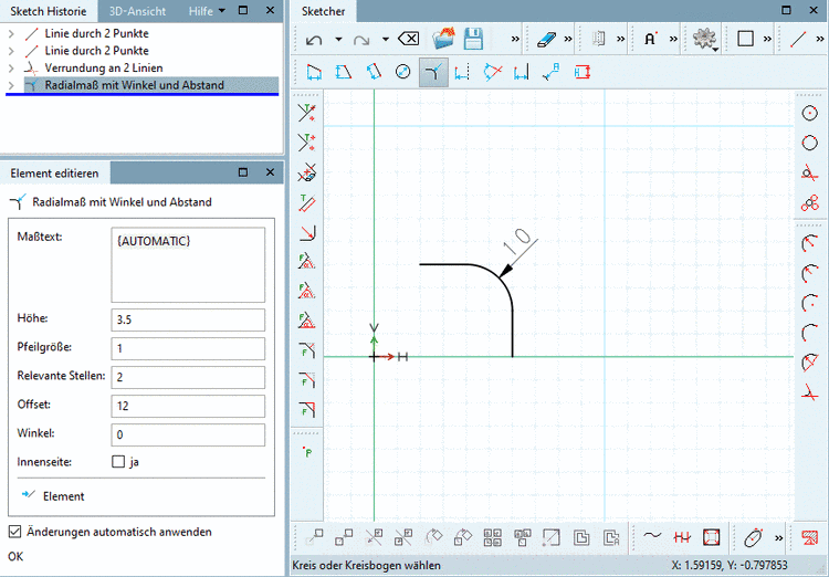 Radialmaß mit Winkel und Abstand