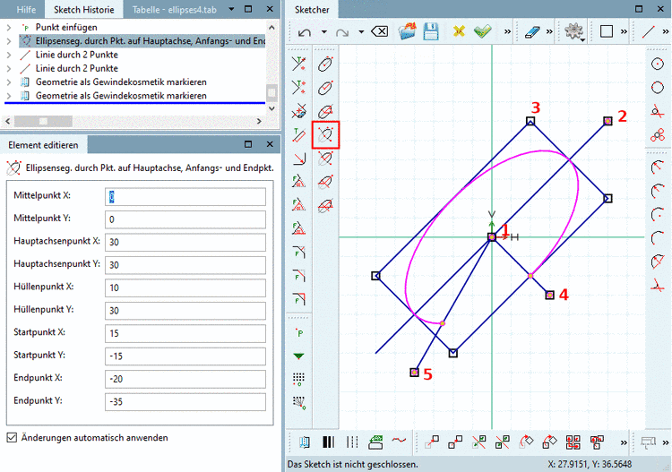 Ellipsensegment: Definition der Größe über Eckpunkt der Bounding Box