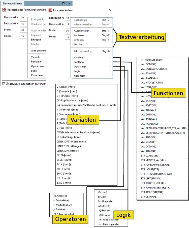 Textverarbeitung, Funktionen, Variablen, Operatoren, Logik