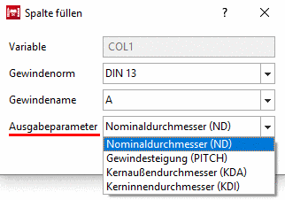 Hier im Beispiel wird ND (Nominaldurchmesser) verwendet