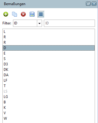 Auflistung der existierenden Bemaßungen eines Teils