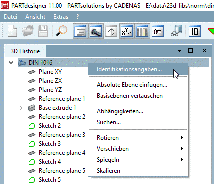 Aufruf über das Kontextmenü des Bauteilnamens