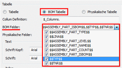 Beispiel: Alle BOM Felder aktivert