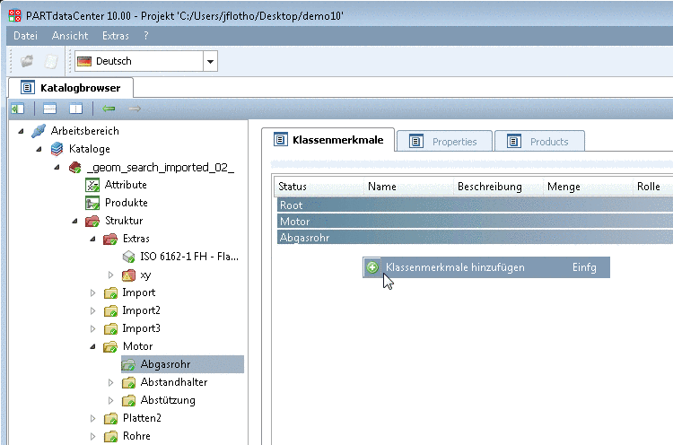 Die Klasse "Abgasrohr" hat die hierarchische Struktur "Root" -> "Motor" -> "Abgasrohr"