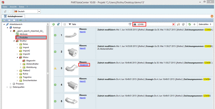 Hier im Beispiel wurde nach einem Teilstring der Zeichnungsnummer gefiltert.
