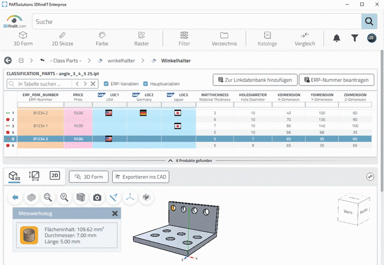 Beispielhaft Sachmerkmalstabelle in 3DFind.it