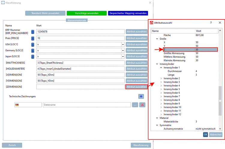 Die Abbildung zeigt beispielhaft die Zuweisung des Attributs "Z" in der Kategorie "Größe".