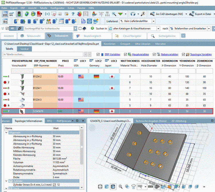 Klassifiziertes Teil in PARTdataManager