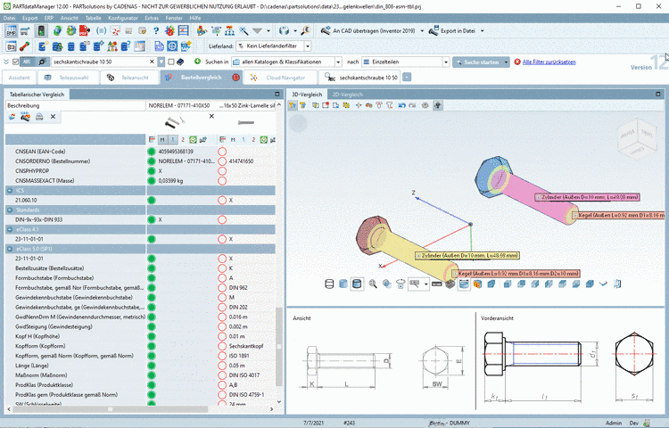 Bauteile können direkt aus den Suchergebnissen in den Bauteilvergleich übergeben werden.