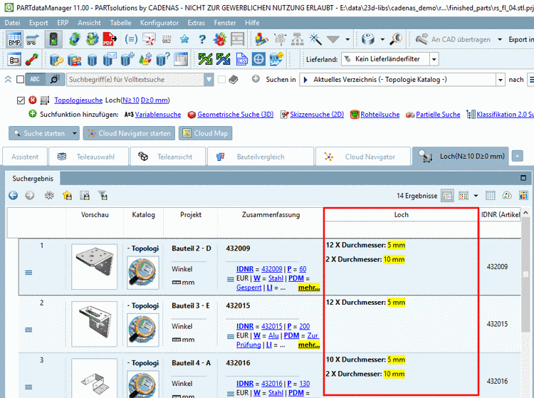 In diesem Beispiel wurde eine Topologiesuche mit Feature "Loch", "Anzahl" >=10 durchgeführt. Die Anzahl der Bohrlöcher wird in der entsprechenden Spalte angezeigt.