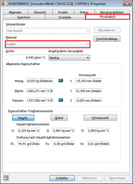 Beispiel: Das Material ist "Kupfer".