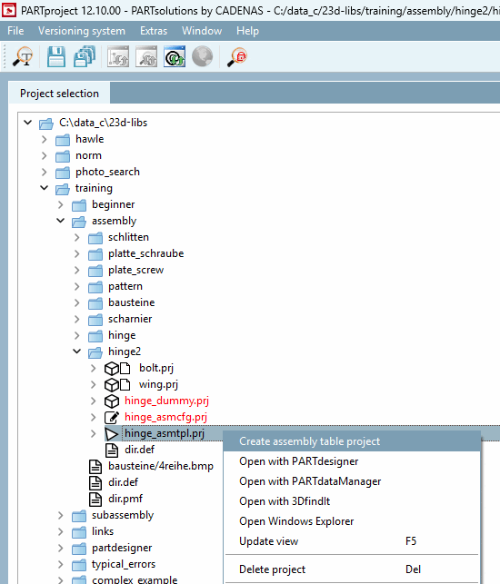 Assembly-Tabellenprojekt erzeugen [Create assembly table project]