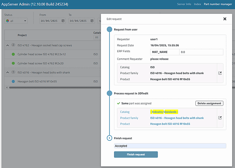 Dialog "Edit request" mit KommentarEdit request