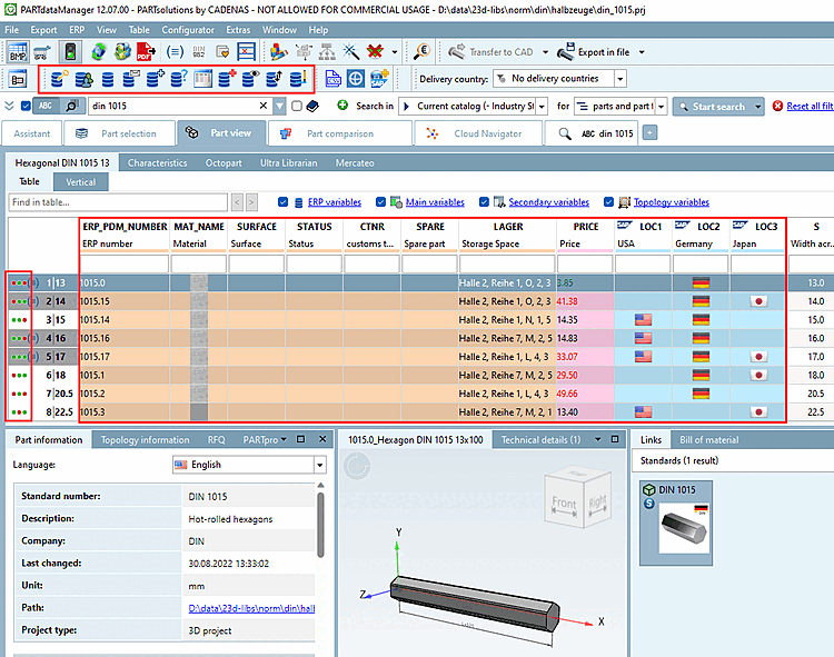 PARTdataManager - Teileansicht mit ERP Symbolleiste, ERP/PDM-Spalten und Statusanzeige