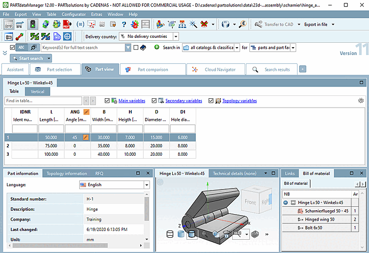Scharnier in PARTdataManager Teileansicht