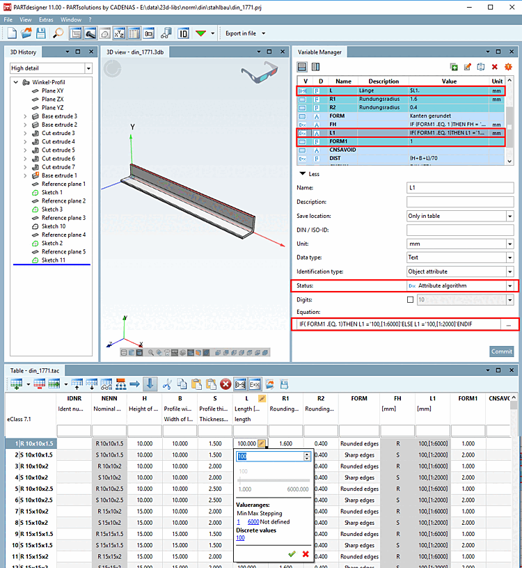 Die Abb. zeigt im Variablenmanager [Variable Manager] die selektierte Variable "L1" mit Status "Merkmalalgorithmus [Attribute algorithm]".Die Abb. zeigt DIN 1771