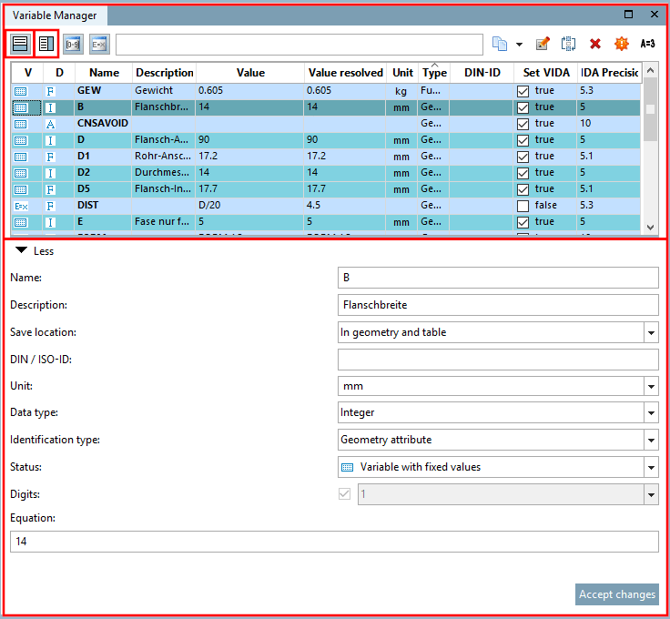 Tabelle oben | Editierbereich unten im Ansichtsmodus "Mehr [More]"